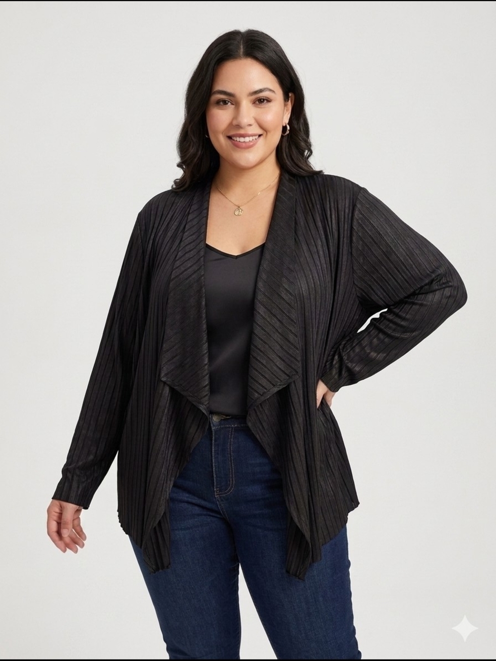 Linea Domani Black Ribbed Draped Open-Front Cardigan Pleated 3x